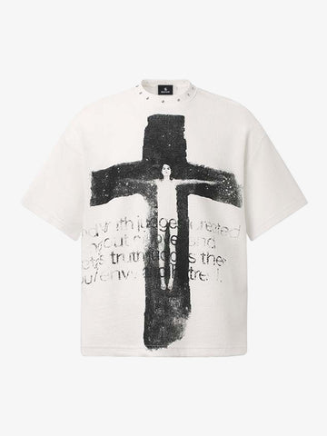 Waffelpiqué-T-Shirt mit Nietenkragen und Kreuzmuster