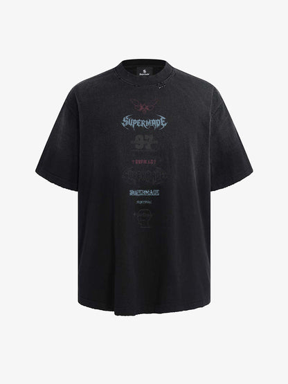 Vintage Washed Distressed Multi Logo Print T-Shirt 