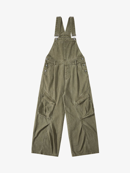 Pleated Knee Cargo Denim Overalls 