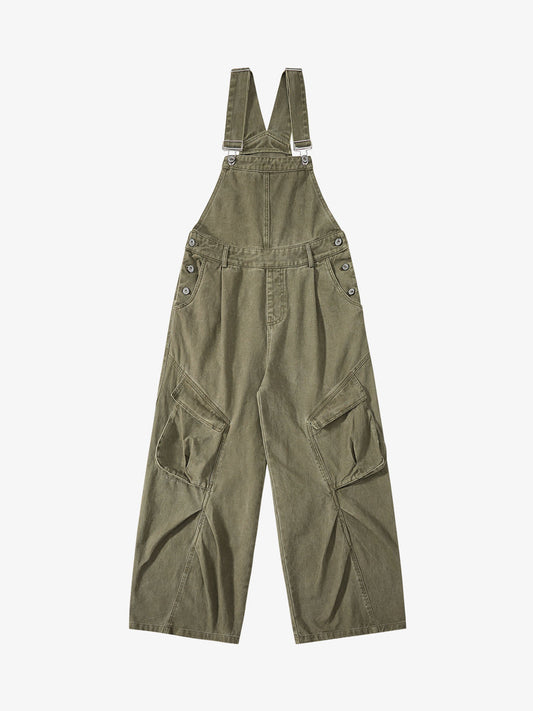Pleated Knee Cargo Denim Overalls 