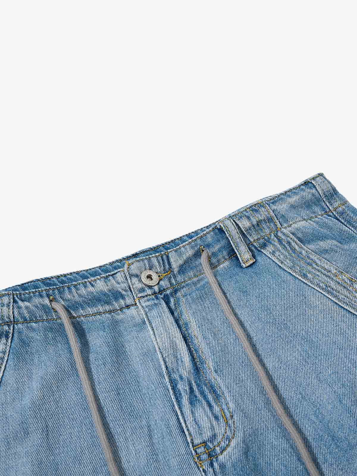 Distressed Denim Shorts with Embroidered Graphic – Drawstring Waist Cotton Fit