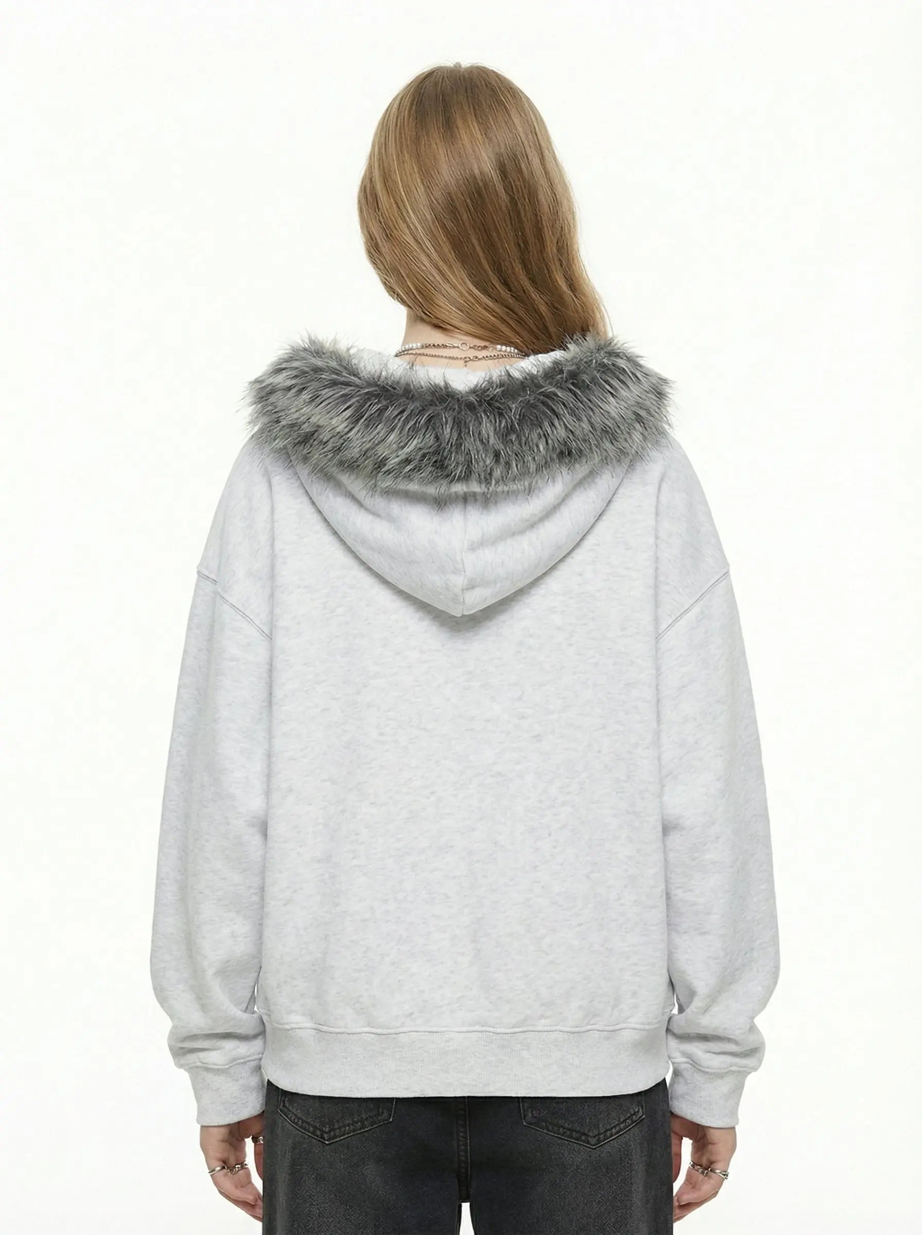 Letter Medal Embroidered Cardigan Fur Collar Zip Up Hoodie- 2502 