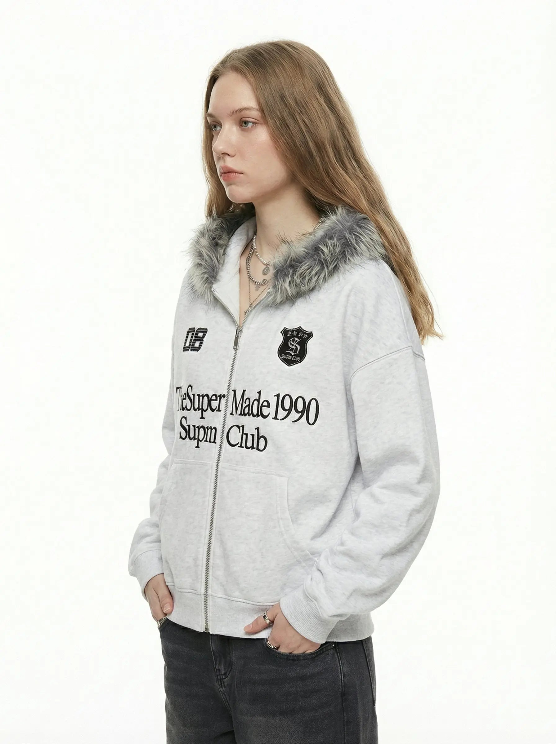 Letter Medal Embroidered Cardigan Fur Collar Zip Up Hoodie- 2502 