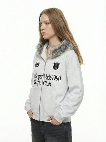 Letter Medal Embroidered Cardigan Fur Collar Zip Up Hoodie- 2502 