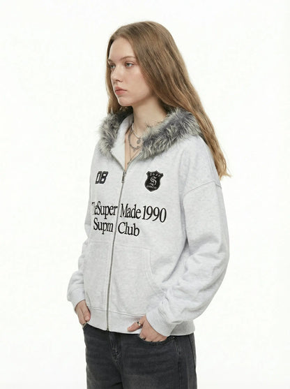 Letter Medal Embroidered Cardigan Fur Collar Zip Up Hoodie- 2502 