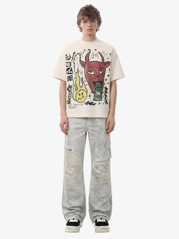 Waffle Knit Graffiti Devil Graphic Oversized T-Shirt 