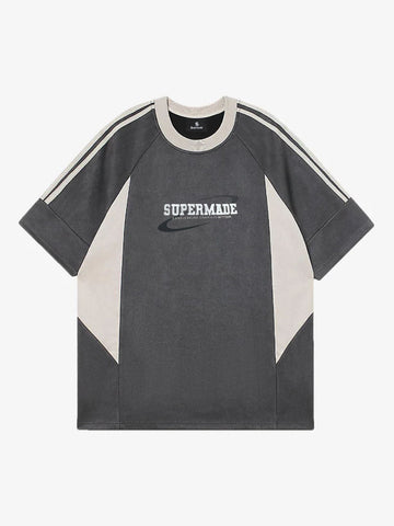 Suede Contrast Color Spliced Letter Embroidery Oversize T-shirt - 2462 