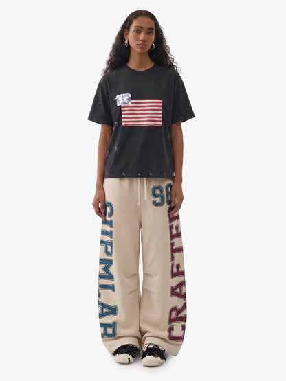 Vintage Washed Flag Patchwork Graphic T-Shirt 