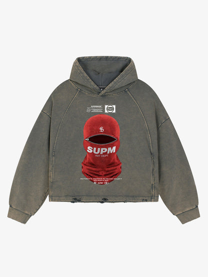 Retro Bandit Hat Graphic Distressed Cropped Hoodie 