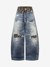 Vintage Washed Tiger Print Wide Leg Denim Jeans 