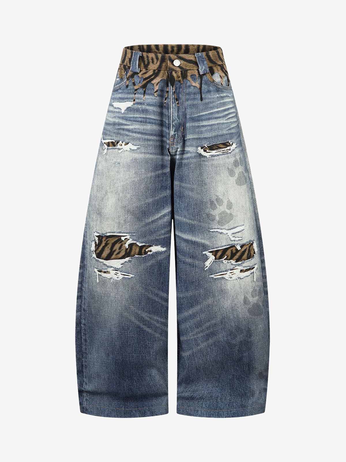 Vintage Washed Tiger Print Wide Leg Denim Jeans 