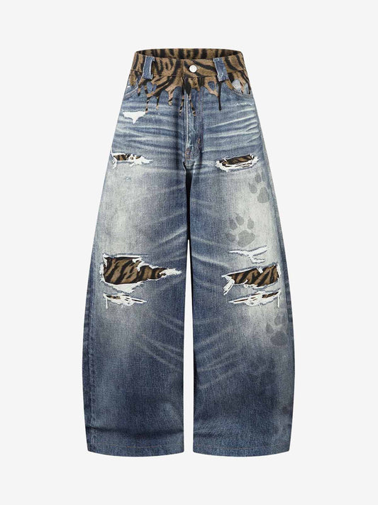 Vintage Washed Tiger Print Wide Leg Denim Jeans 