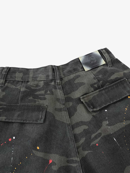 Camo Cargo Shorts with Paint Splatter – Relaxed Fit Utility Streetwear