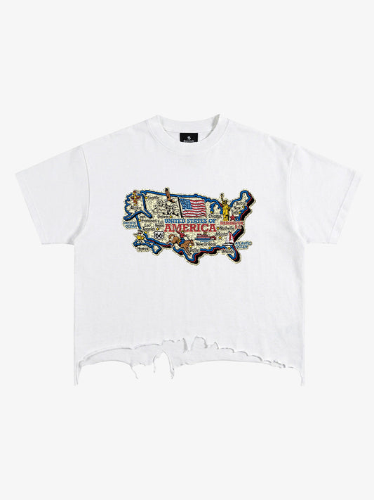 USA-Karten-T-Shirt mit zerrissenem Saum