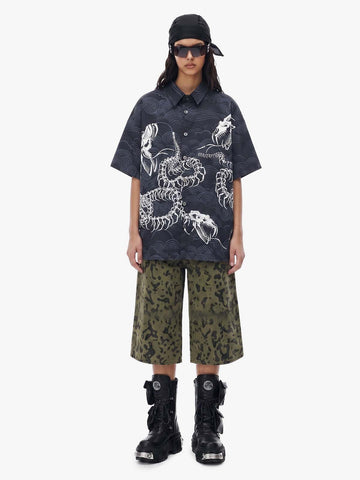 Japanese Wave Dragon Skeleton Camp Collar Boxy Shirt 