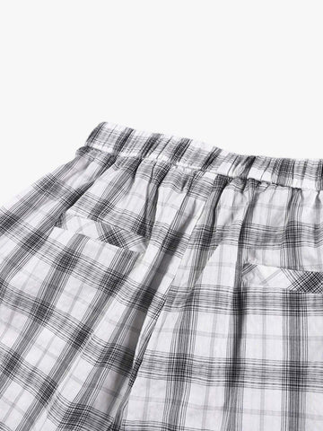 Plaid Wide-Leg Pants with Button-Front Waistband – Cotton Blend Relaxed Fit Casual Trousers