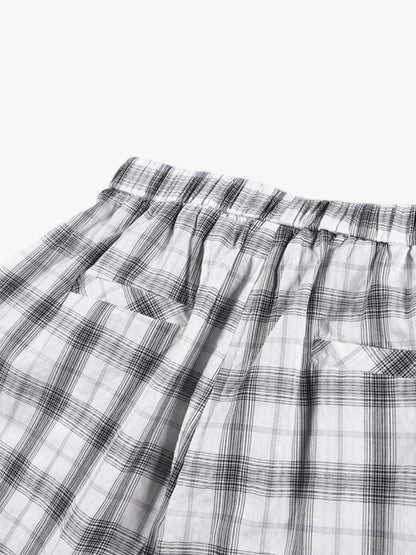 Plaid Wide-Leg Pants with Button-Front Waistband – Cotton Blend Relaxed Fit Casual Trousers
