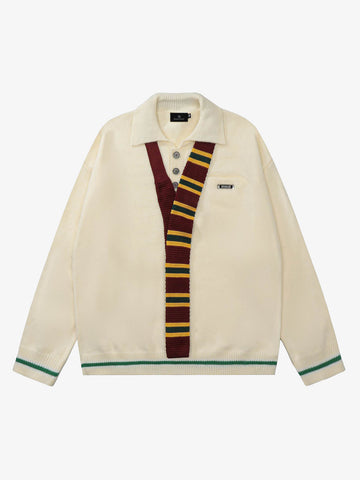 Retro Striped Contrast Panel Button-Up Collar Sweater 