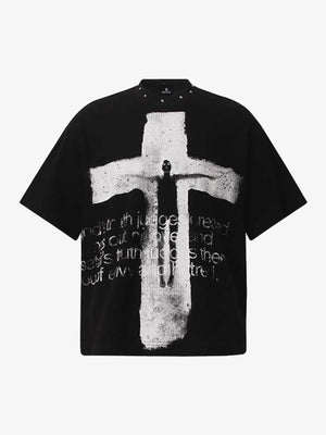 Waffelpiqué-T-Shirt mit Nietenkragen und Kreuzmuster