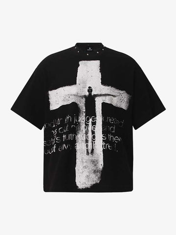 Waffelpiqué-T-Shirt mit Nietenkragen und Kreuzmuster