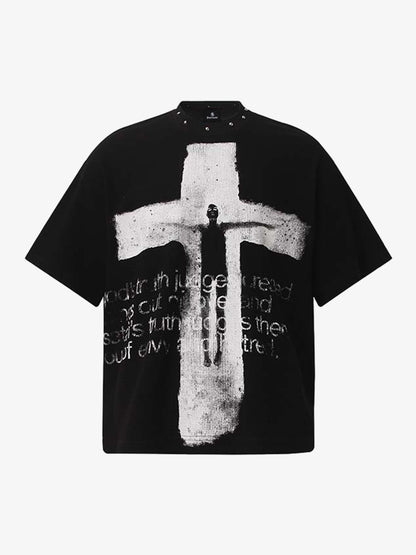 Waffelpiqué-T-Shirt mit Nietenkragen und Kreuzmuster