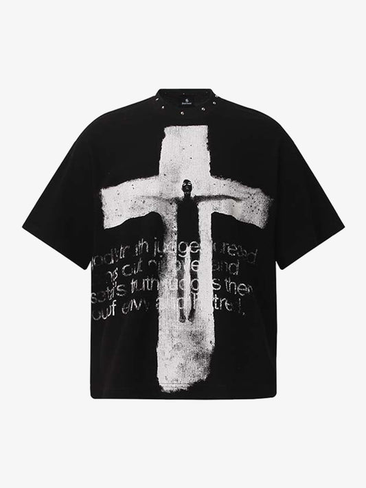 Waffelpiqué-T-Shirt mit Nietenkragen und Kreuzmuster