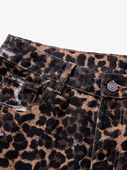 Bold Leopard Print Distressed Wide-Leg Jeans 