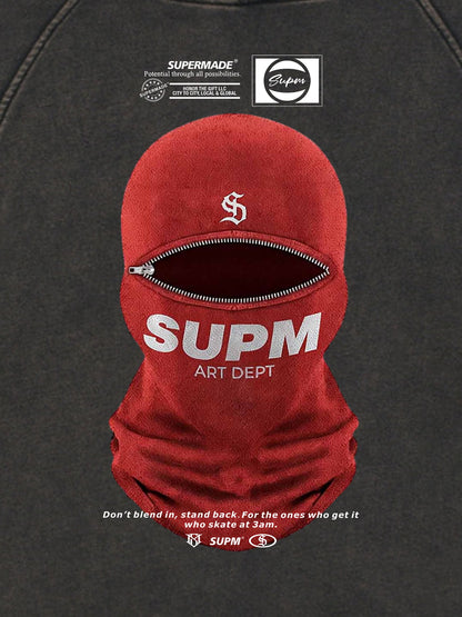 Retro Bandit Hat Graphic Distressed Cropped Hoodie 
