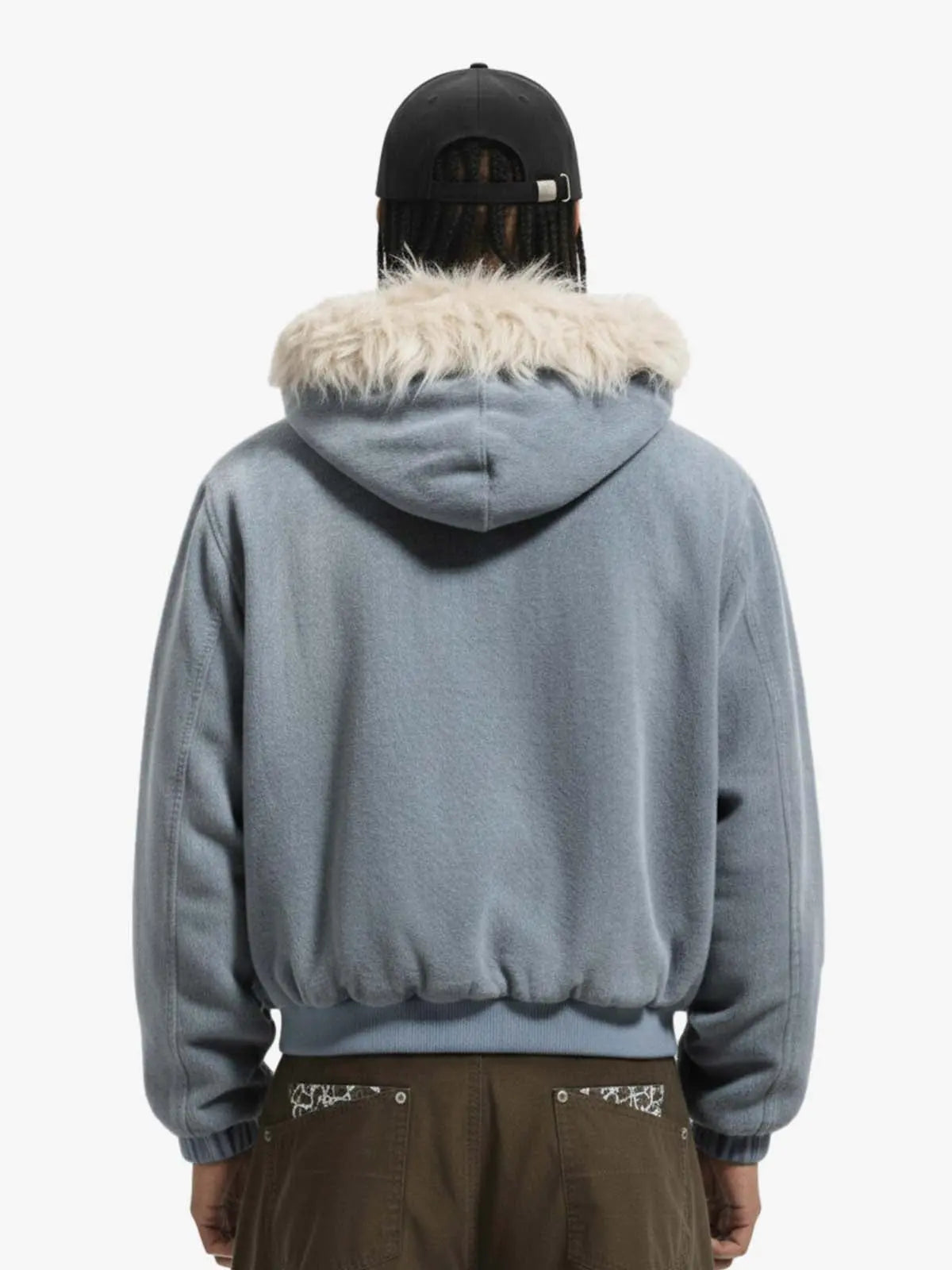Washed Embroidered Fur-Lined Denim Bomber Jacket 