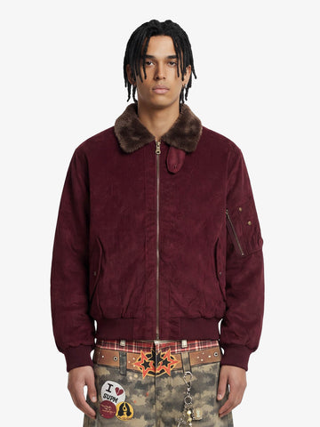 Retro Suede Faux Fur Collar Fleece Lined Bomber Jacket 