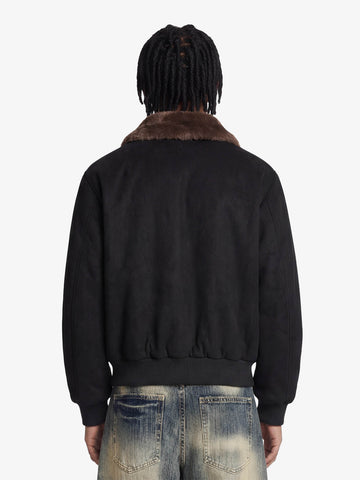 Retro Suede Faux Fur Collar Fleece Lined Bomber Jacket 