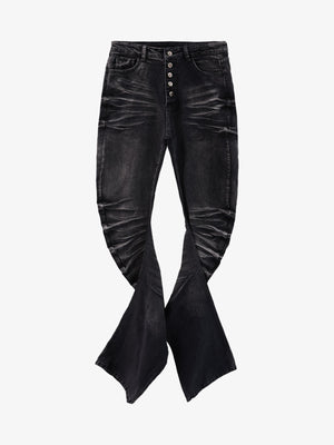 Vintage Distressed Button Fly Ruched Panel Flared Jeans 
