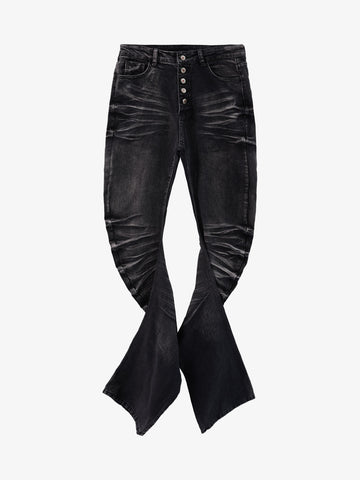 Vintage Distressed Button Fly Ruched Panel Flared Jeans 