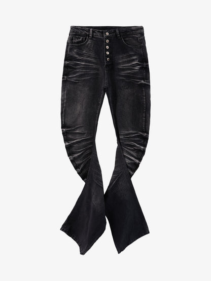 Vintage Distressed Button Fly Ruched Panel Flared Jeans 