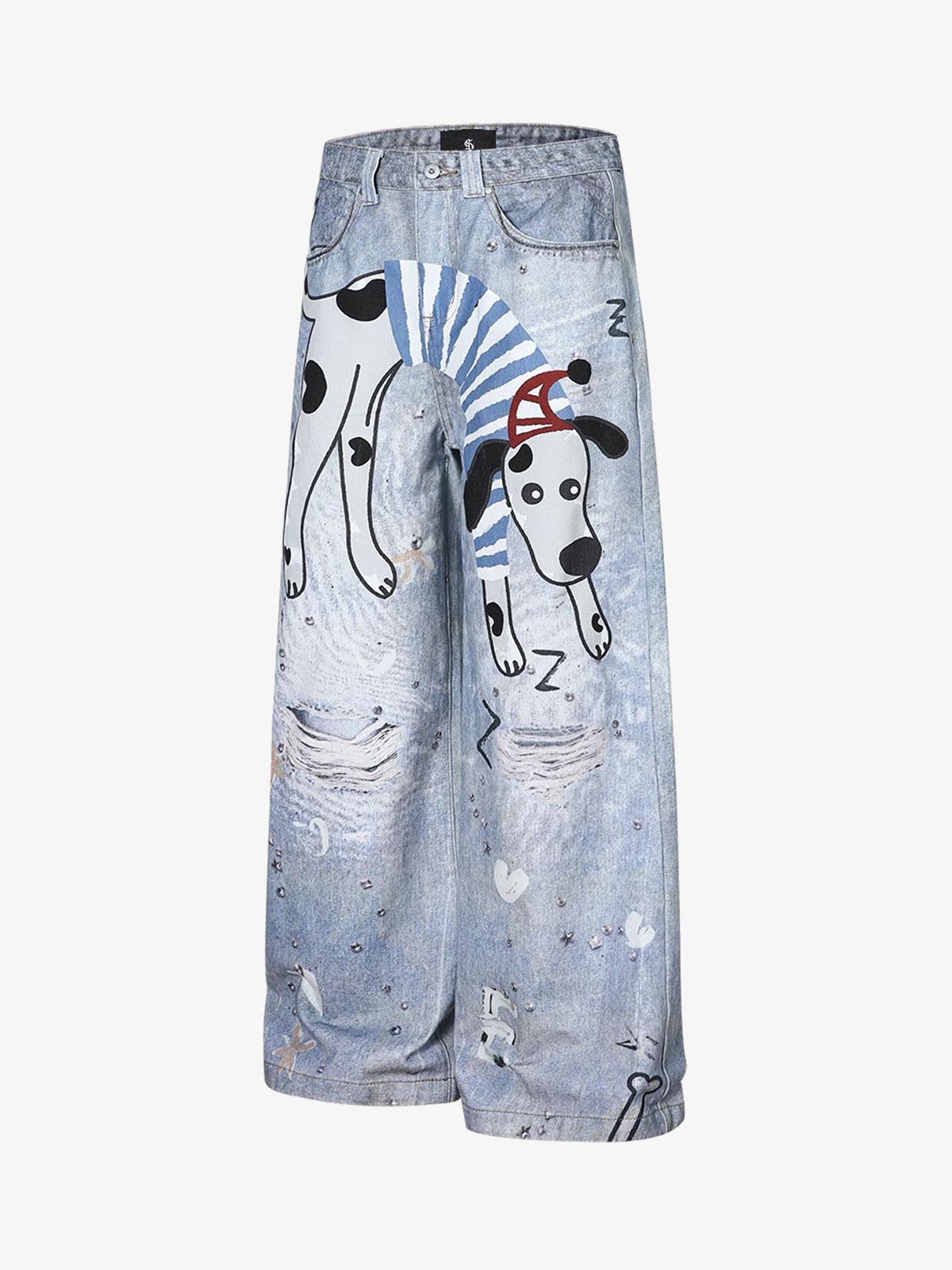Cartoon Dalmatian Dog Graphic Distressed Washed Jeans 
