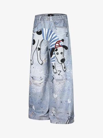 Cartoon Dalmatian Dog Graphic Distressed Washed Jeans 