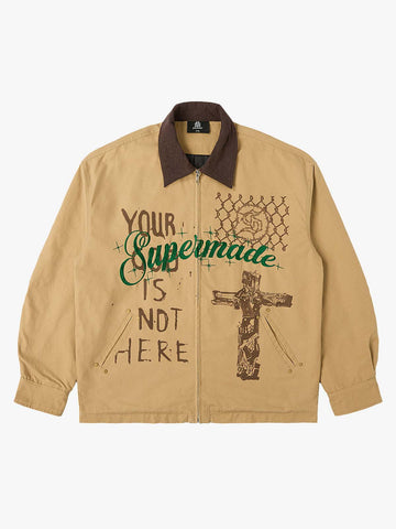 Supermade Slogan Print Color-Blocked Embroidered Retro Canvas Jacket 