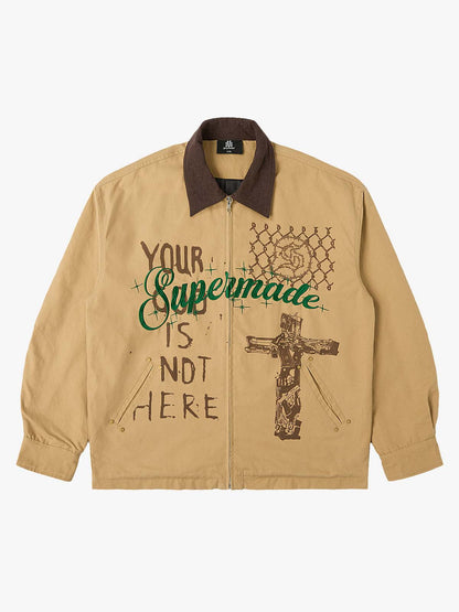Supermade Slogan Print Color-Blocked Embroidered Retro Canvas Jacket 