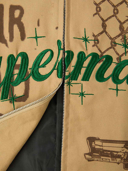 Supermade Slogan Print Color-Blocked Embroidered Retro Canvas Jacket 