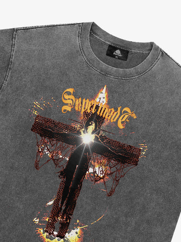 Washed Gothic Cross Graphic T-Shirt 