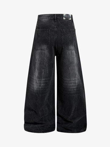 Black Washed Wide-Leg Cropped Denim Pants – High-Waisted Distressed Fit