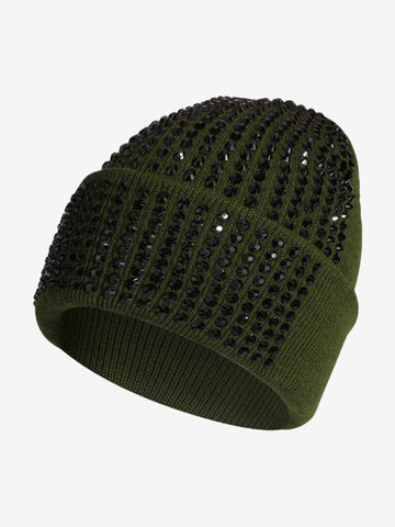 Rhinestone Embellished Ribbed Knit Beanie Hat 