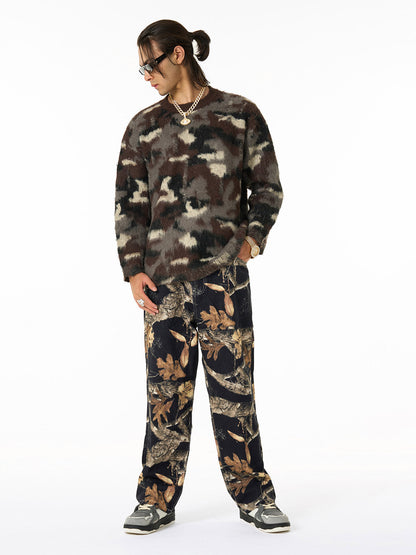 Vintage Washed Distressed Leaf Camouflage Jeans 
