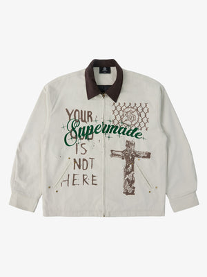 Supermade Slogan Print Color-Blocked Embroidered Retro Canvas Jacket 
