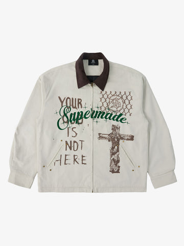 Supermade Slogan Print Color-Blocked Embroidered Retro Canvas Jacket 