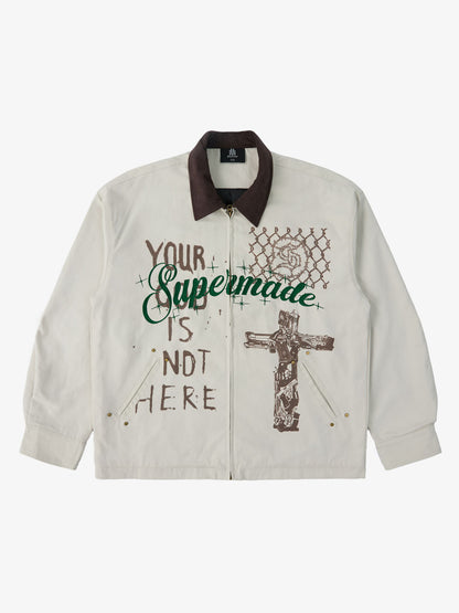 Supermade Slogan Print Color-Blocked Embroidered Retro Canvas Jacket 