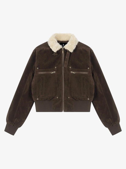 Utility Faux Shearling Collar Suede Look Zip Up Jacket 