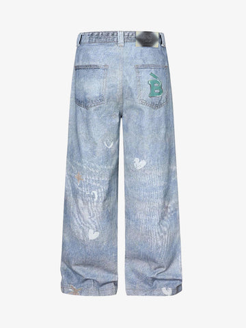 Cartoon Dalmatian Dog Graphic Distressed Washed Jeans 