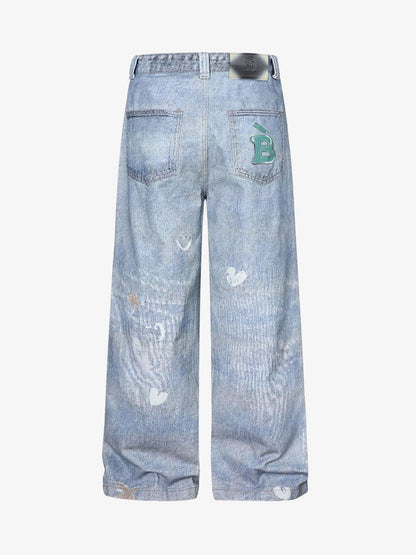 Cartoon Dalmatian Dog Graphic Distressed Washed Jeans 
