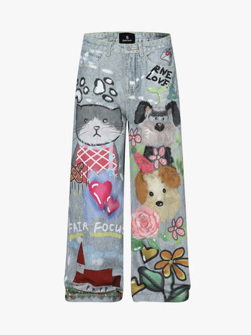 Graffiti Cartoon Animal Print Distressed Wide Leg Denim Jeans 